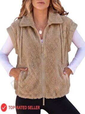 Sherpa Fleece Zip Up Crop Puffer Vest Sleeveless Casual Winter Outerwear